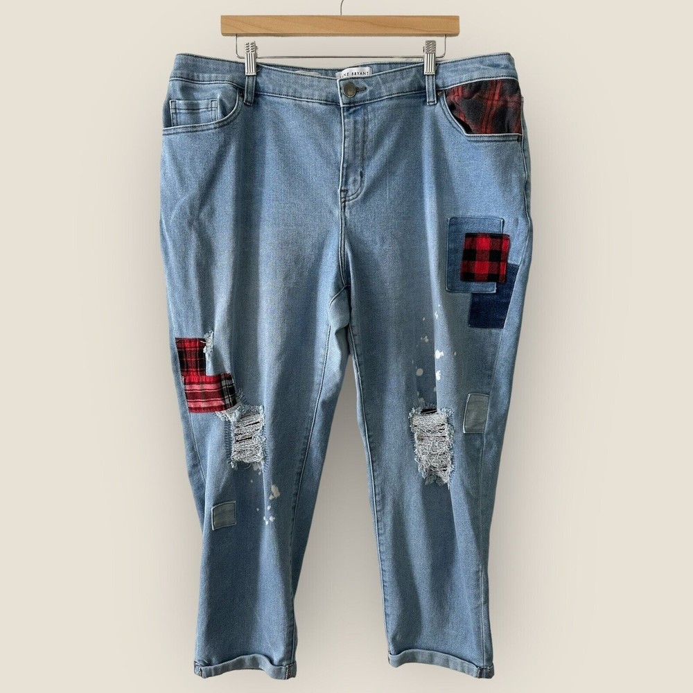 Lane Bryant Mid-rise Boyfriend Plaid Patched Distressed Jeans (Size 18)